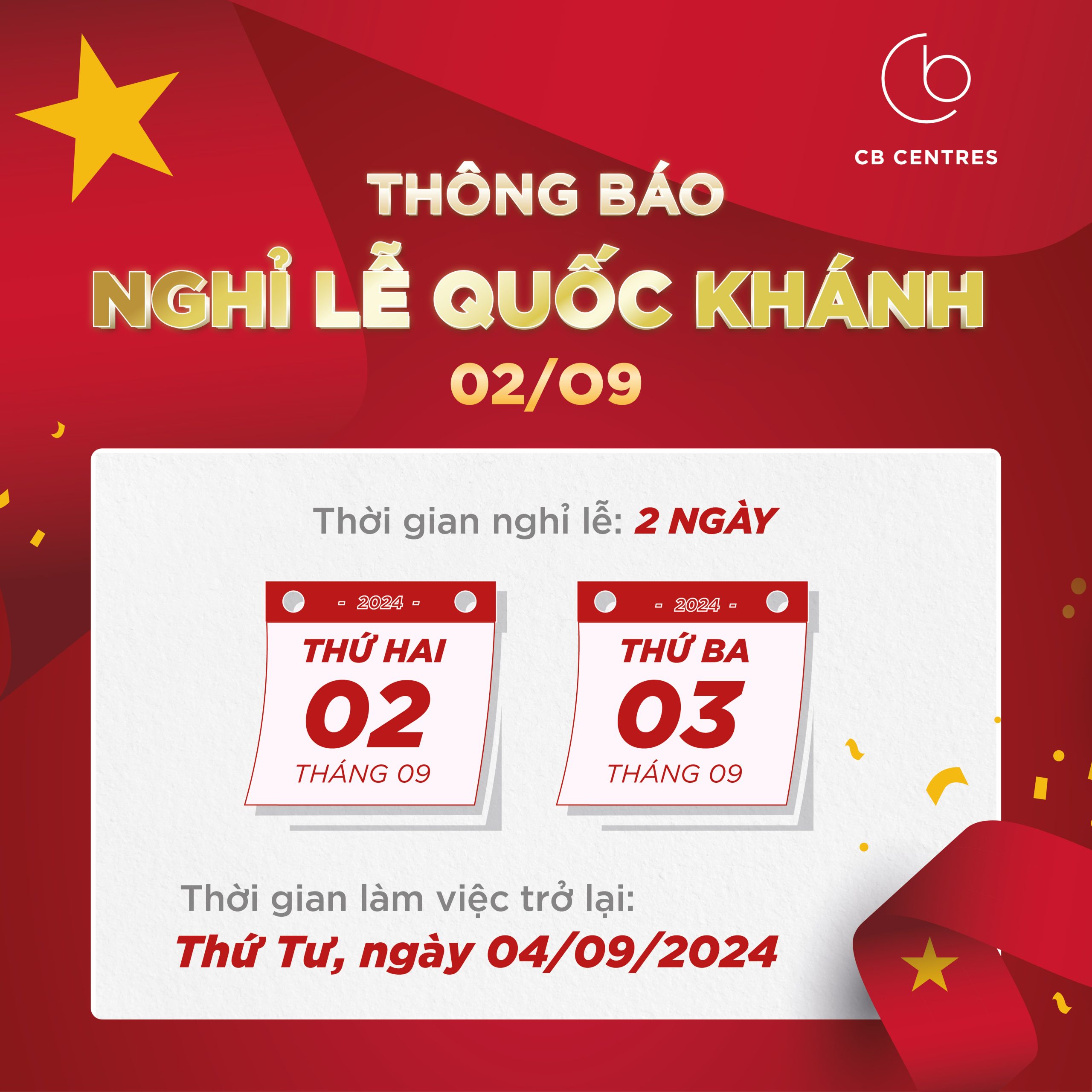 THÔNG BÁO LỊCH NGHỈ LỄ QUỐC KHÁNH 2/9